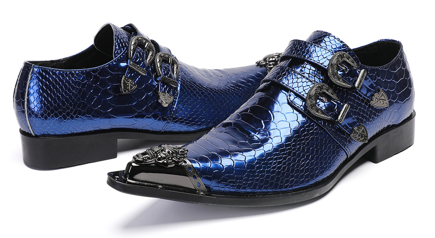 Men Patent Leather Snakeskin Texture Monk Strap Western Loafers