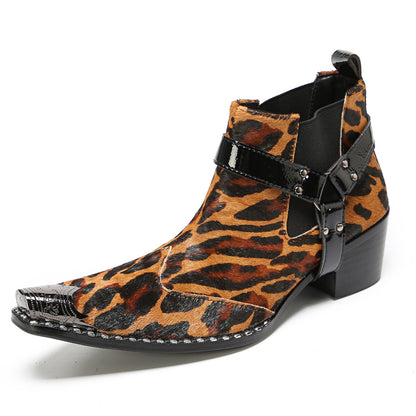 Mens Tiger Leopard Print & Harness Strap Western Chelsea Boots
