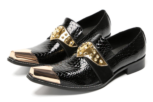 Mens Metal Toe Gold Studded Strap Snakeskin Pattern Western Loafers