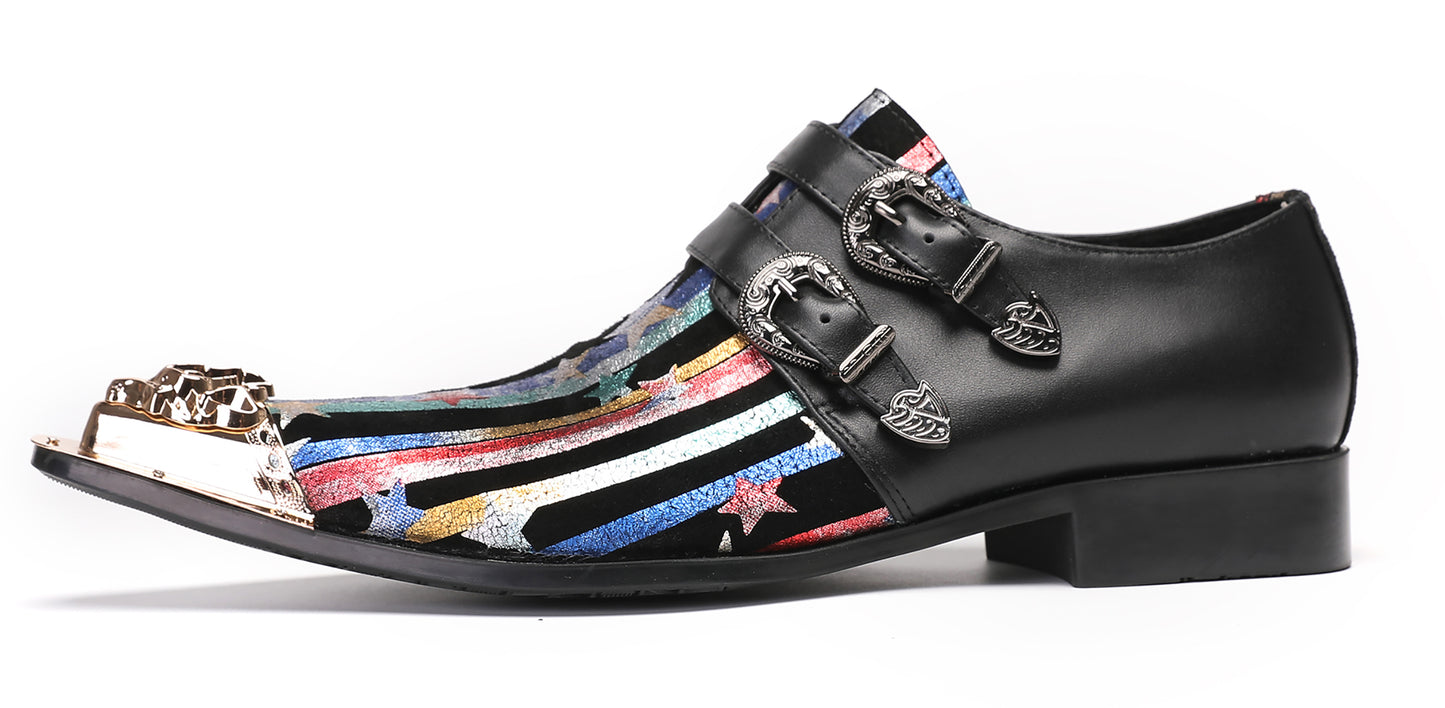 Mens Party Dress Casual Metal-Tip Toe Double Buckle Western Loafers