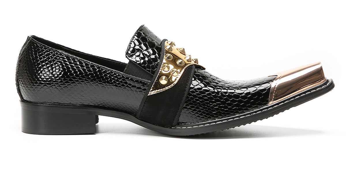 Mens Metal Toe Gold Studded Strap Snakeskin Pattern Western Loafers