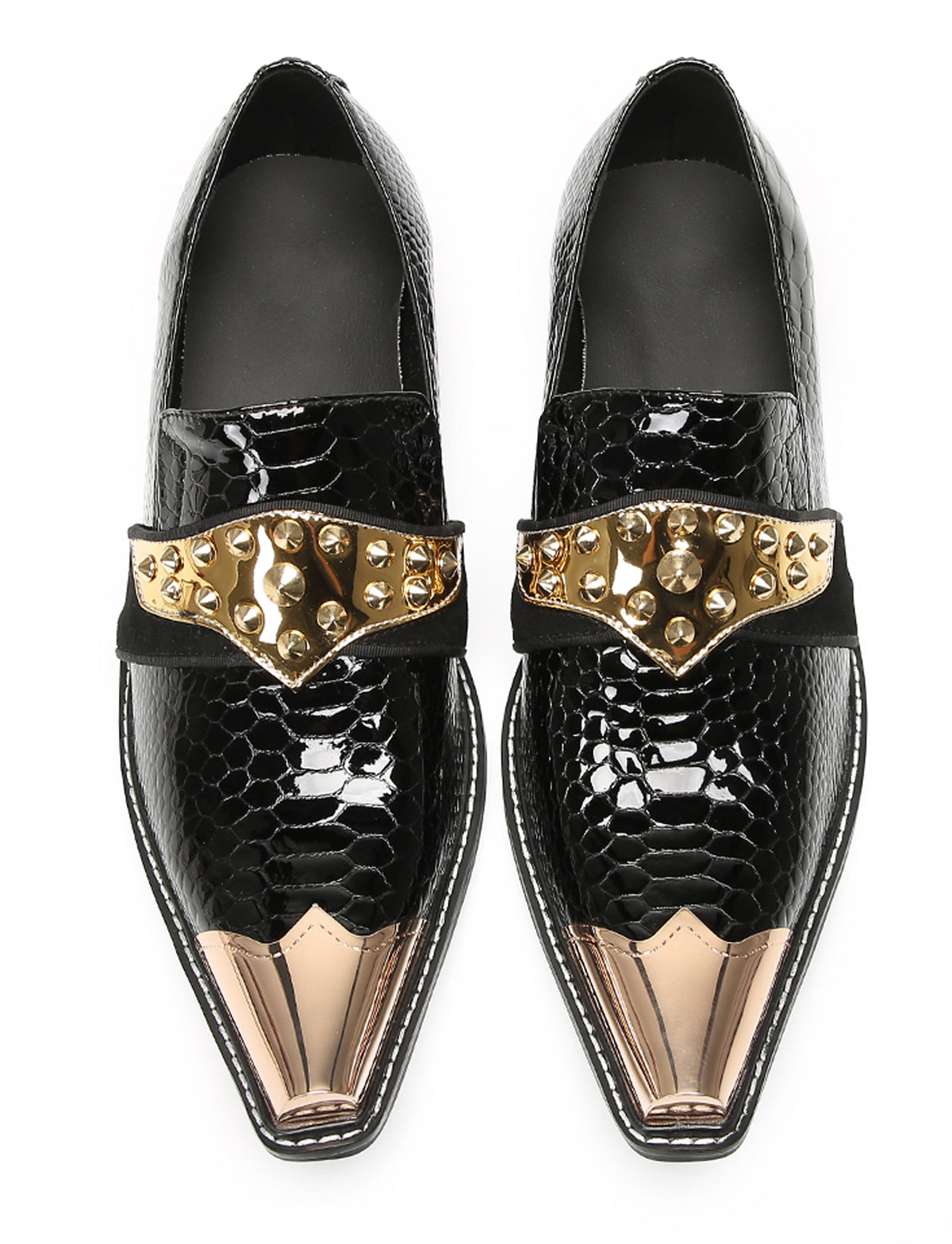 Mens Metal Toe Gold Studded Strap Snakeskin Pattern Western Loafers
