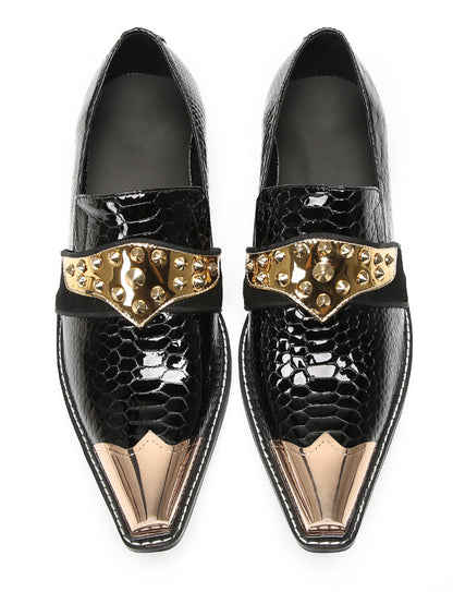 Mens Metal Toe Gold Studded Strap Snakeskin Pattern Western Loafers
