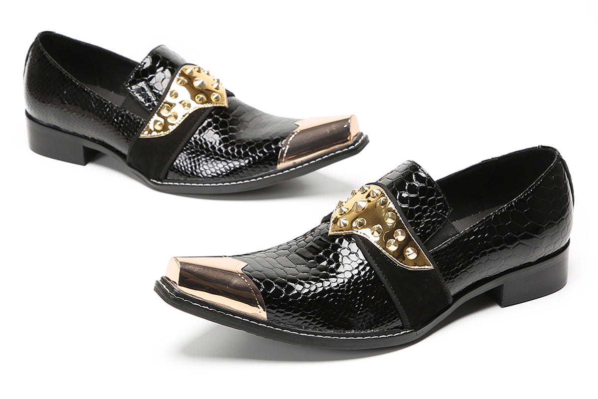 Mens Metal Toe Gold Studded Strap Snakeskin Pattern Western Loafers