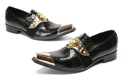 Mens Metal Toe Gold Studded Strap Snakeskin Pattern Western Loafers