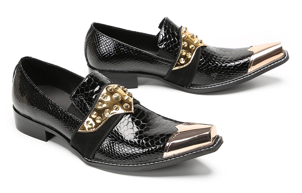 Mens Metal Toe Gold Studded Strap Snakeskin Pattern Western Loafers