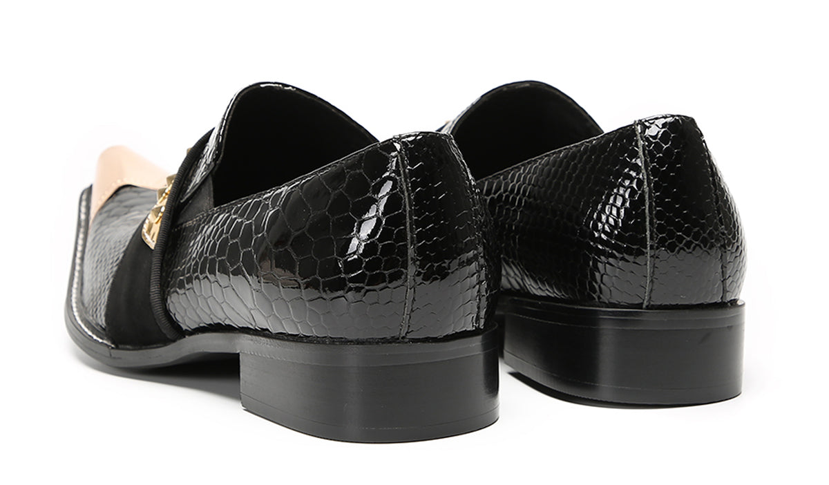 Mens Metal Toe Gold Studded Strap Snakeskin Pattern Western Loafers