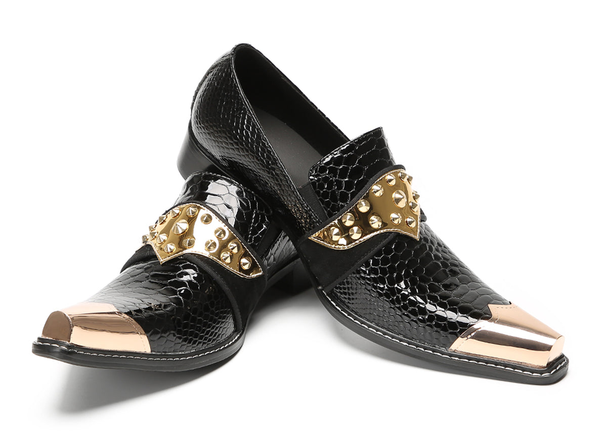 Mens Metal Toe Gold Studded Strap Snakeskin Pattern Western Loafers