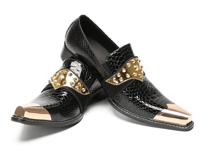 Mens Metal Toe Gold Studded Strap Snakeskin Pattern Western Loafers