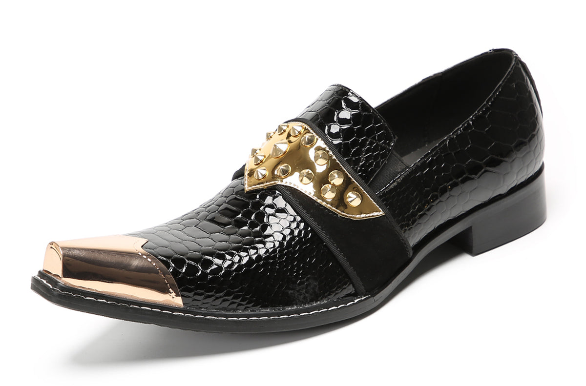 Mens Metal Toe Gold Studded Strap Snakeskin Pattern Western Loafers