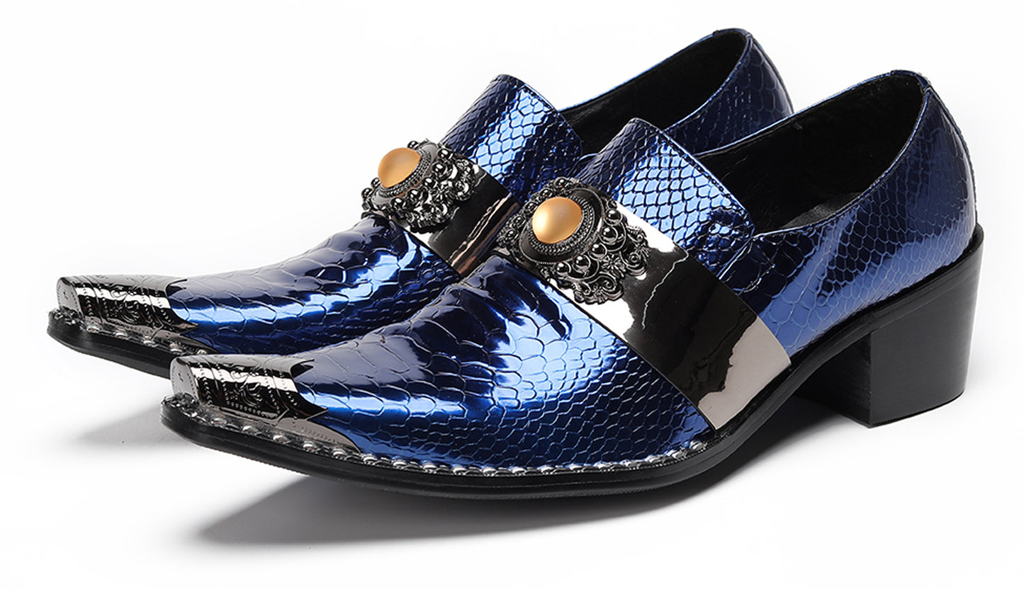 Mens Snakeskin Leather Metal Pointed Toe Chunky Heel Western Loafers