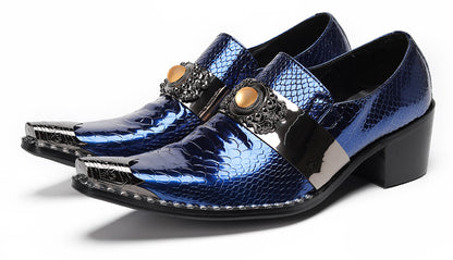 Mens Snakeskin Leather Metal Pointed Toe Chunky Heel Western Loafers