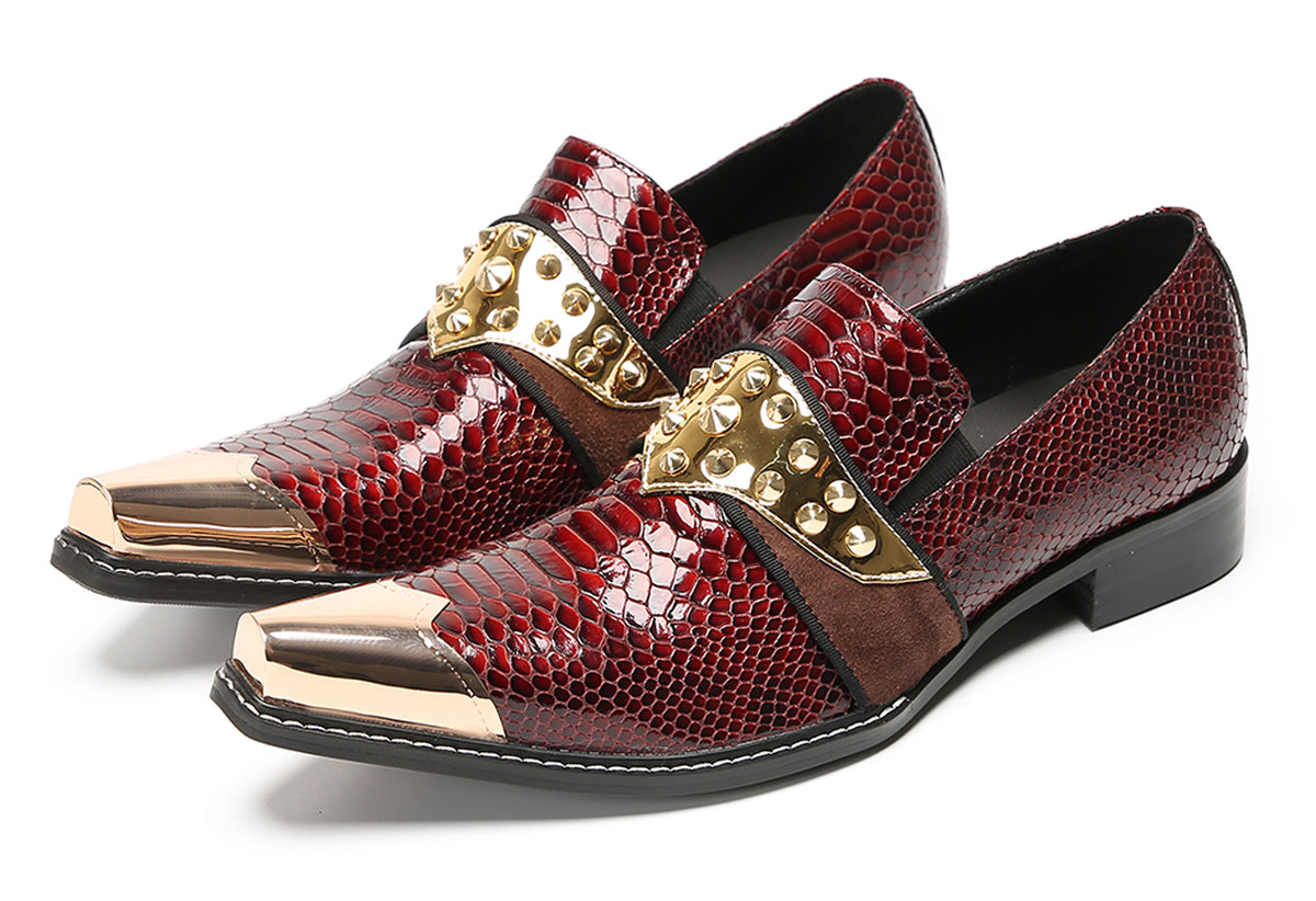 Mens Metal Toe Gold Studded Strap Snakeskin Pattern Western Loafers