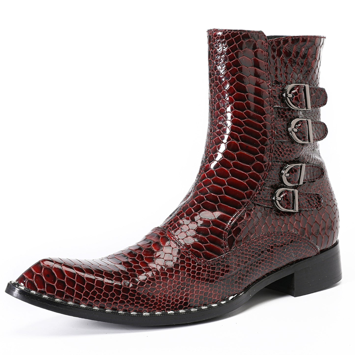 Mens Croc-Embossed Leather Buckle Cowboy Ankle Boots