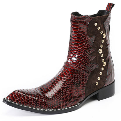 Mens Handmade Top-Grain Leather Croc-Embossed Western Cowboy Ankle Boots