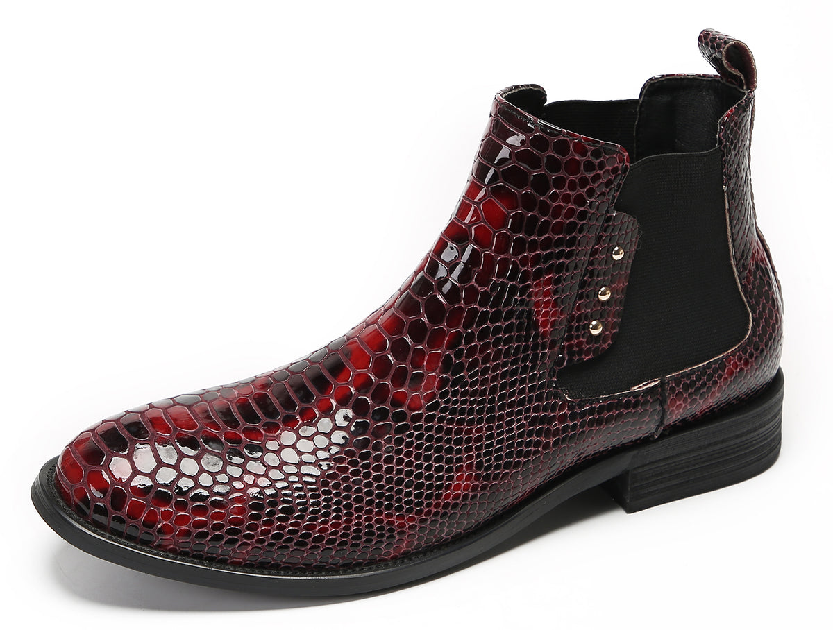Mens Snakeskin Pattern Genuine Leather Zipper Beads Ankles Boots