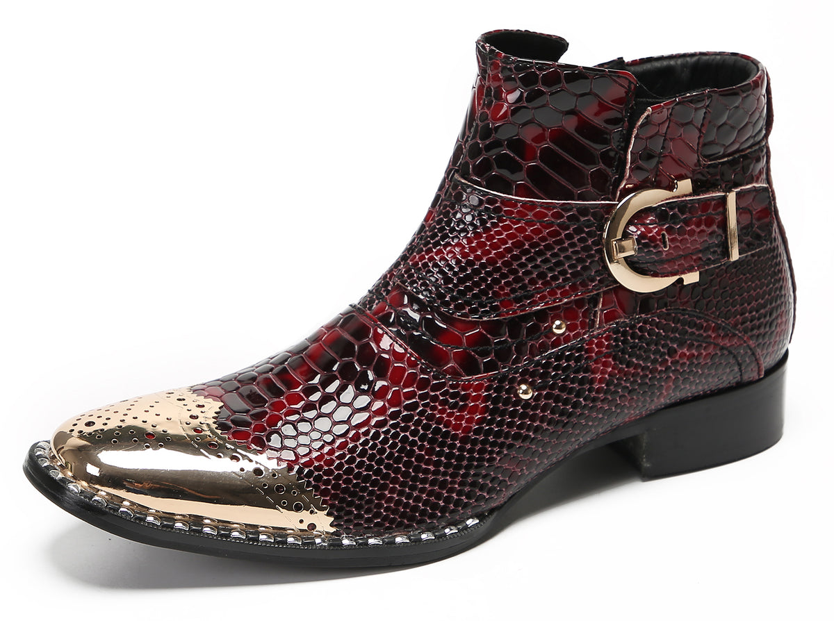 Mens Genuine Leather Metal-Square Toe Snakeskin Texture Ankle Western Boots