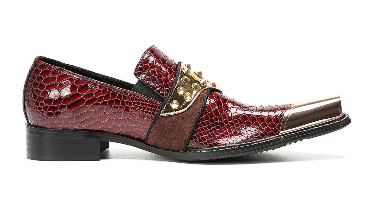 Mens Metal Toe Gold Studded Strap Snakeskin Pattern Western Loafers