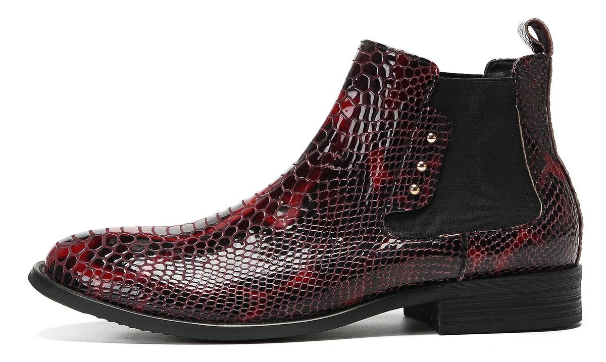 Mens Snakeskin Pattern Genuine Leather Zipper Beads Ankles Boots