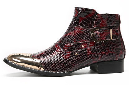 Mens Genuine Leather Metal-Square Toe Snakeskin Texture Ankle Western Boots