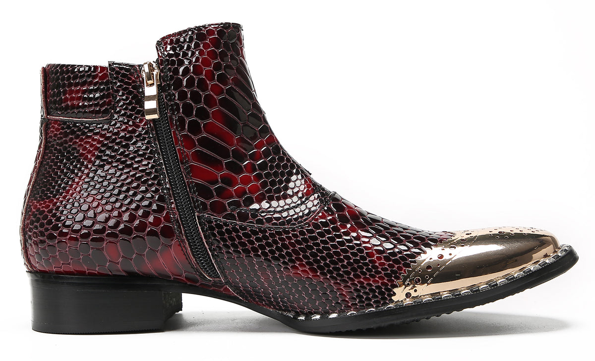 Mens Genuine Leather Metal-Square Toe Snakeskin Texture Ankle Western Boots
