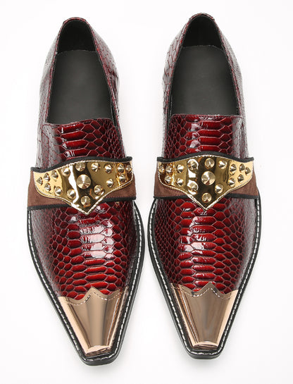 Mens Metal Toe Gold Studded Strap Snakeskin Pattern Western Loafers