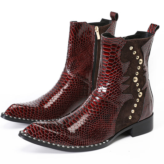 Mens Handmade Top-Grain Leather Croc-Embossed Western Cowboy Ankle Boots