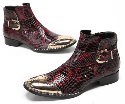 Mens Snakeskin Pattern Metal Wingtip Genuine Leather Ankles Western Boots