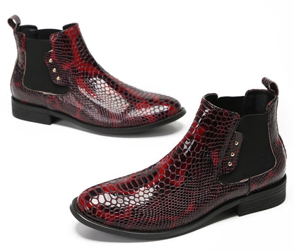 Mens Snakeskin Pattern Genuine Leather Zipper Beads Ankles Boots