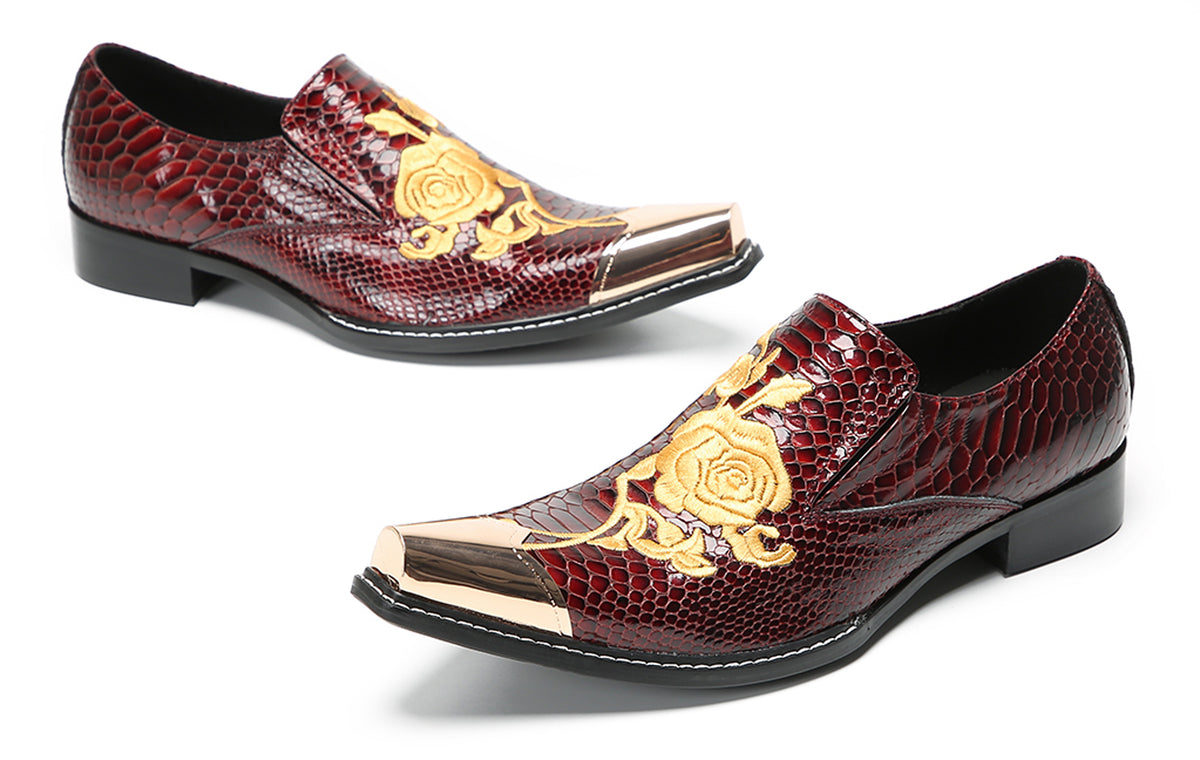 Mens Embroidered Gold Metal Toe Dress Western Loafers