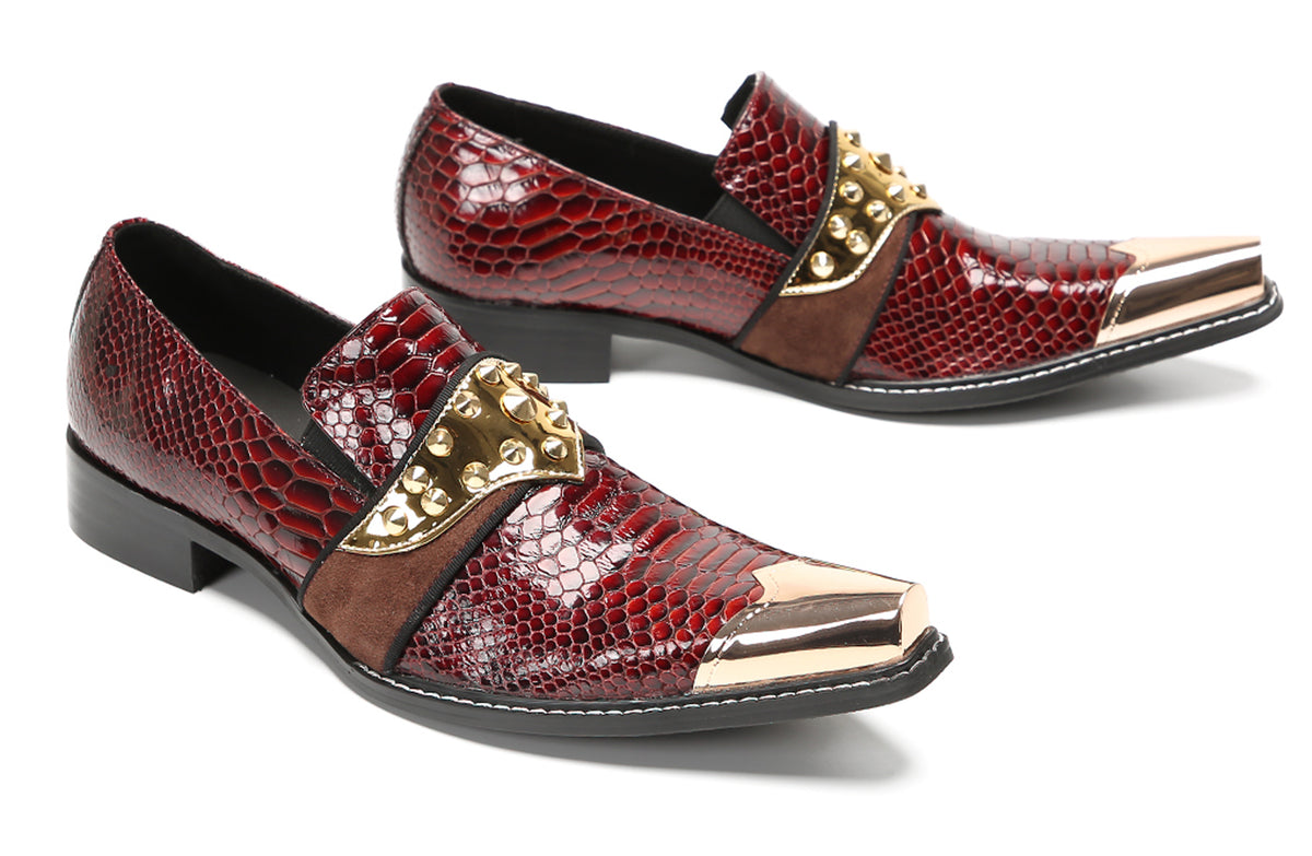 Mens Metal Toe Gold Studded Strap Snakeskin Pattern Western Loafers