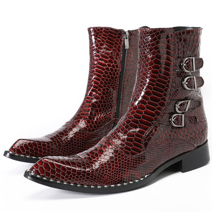 Mens Croc-Embossed Leather Buckle Cowboy Ankle Boots