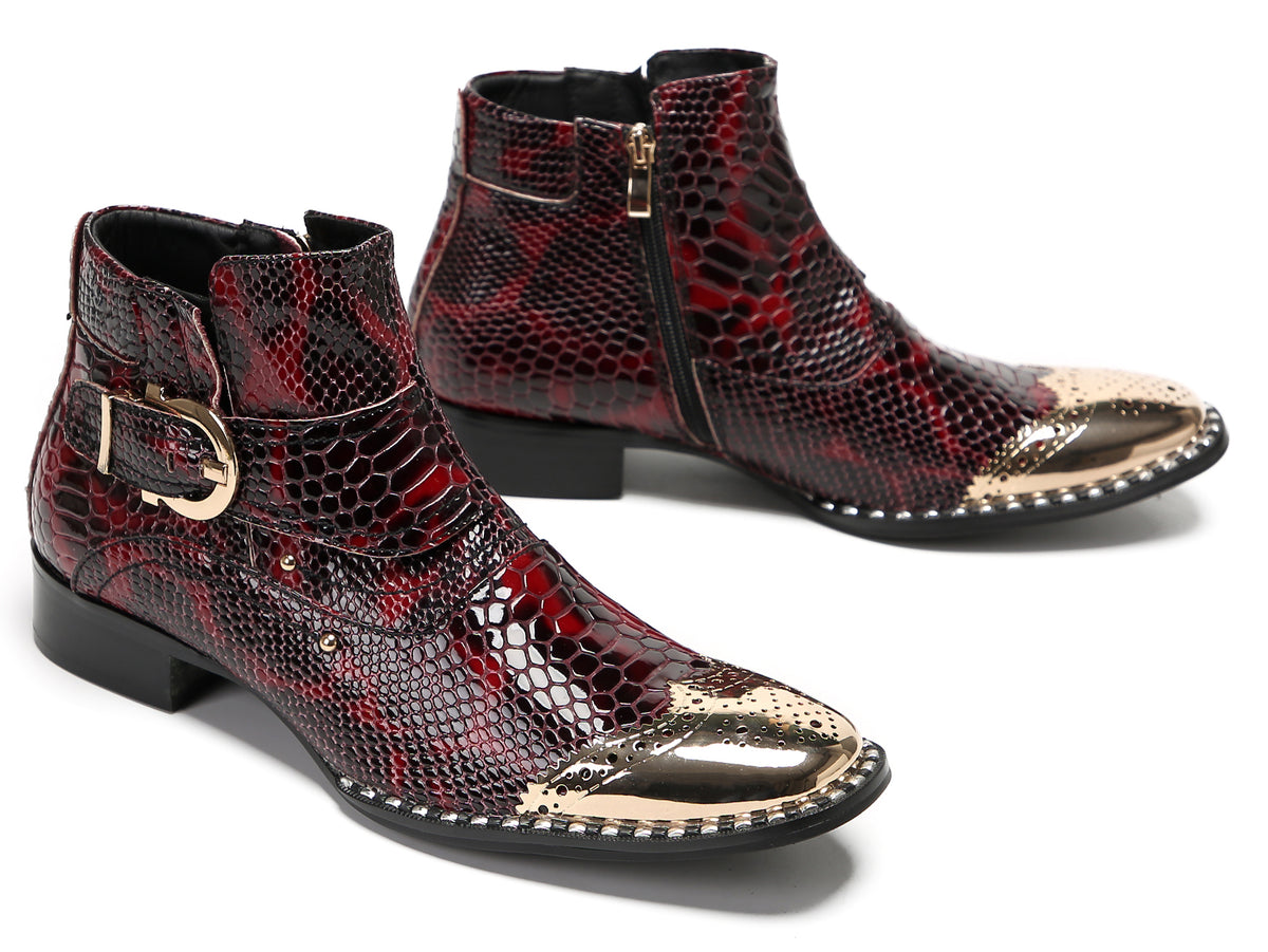 Mens Genuine Leather Metal-Square Toe Snakeskin Texture Ankle Western Boots