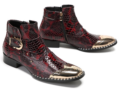 Mens Genuine Leather Metal-Square Toe Snakeskin Texture Ankle Western Boots
