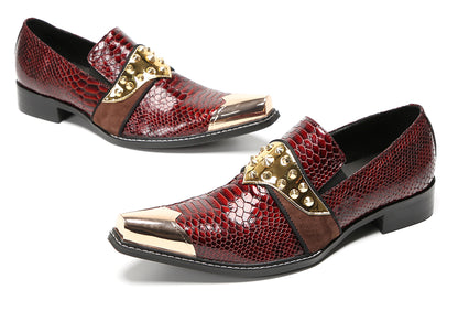 Mens Metal Toe Gold Studded Strap Snakeskin Pattern Western Loafers