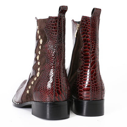Mens Handmade Top-Grain Leather Croc-Embossed Western Cowboy Ankle Boots