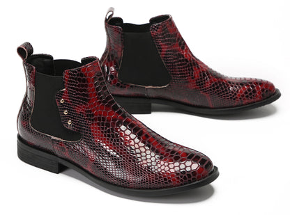 Mens Snakeskin Pattern Genuine Leather Zipper Beads Ankles Boots