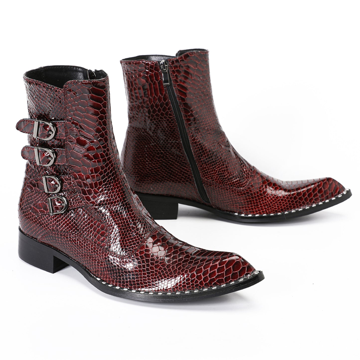 Mens Croc-Embossed Leather Buckle Cowboy Ankle Boots