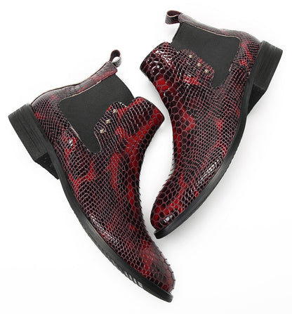 Mens Snakeskin Pattern Genuine Leather Zipper Beads Ankles Boots