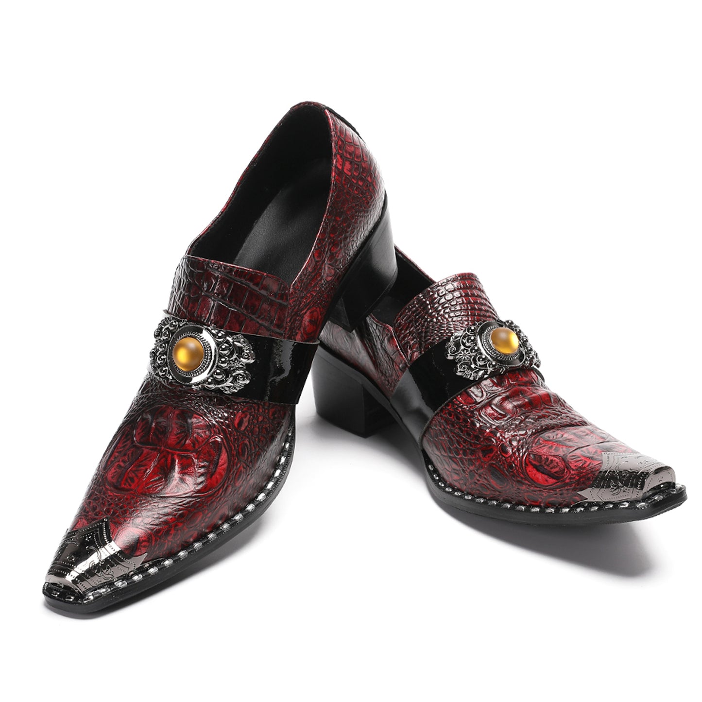Mens Crocodile Embossed Leather Loafers Metal Toe Dress Shoes