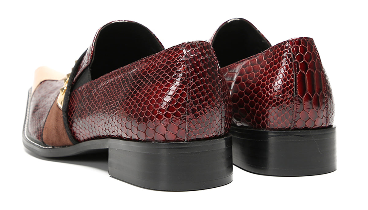 Mens Metal Toe Gold Studded Strap Snakeskin Pattern Western Loafers