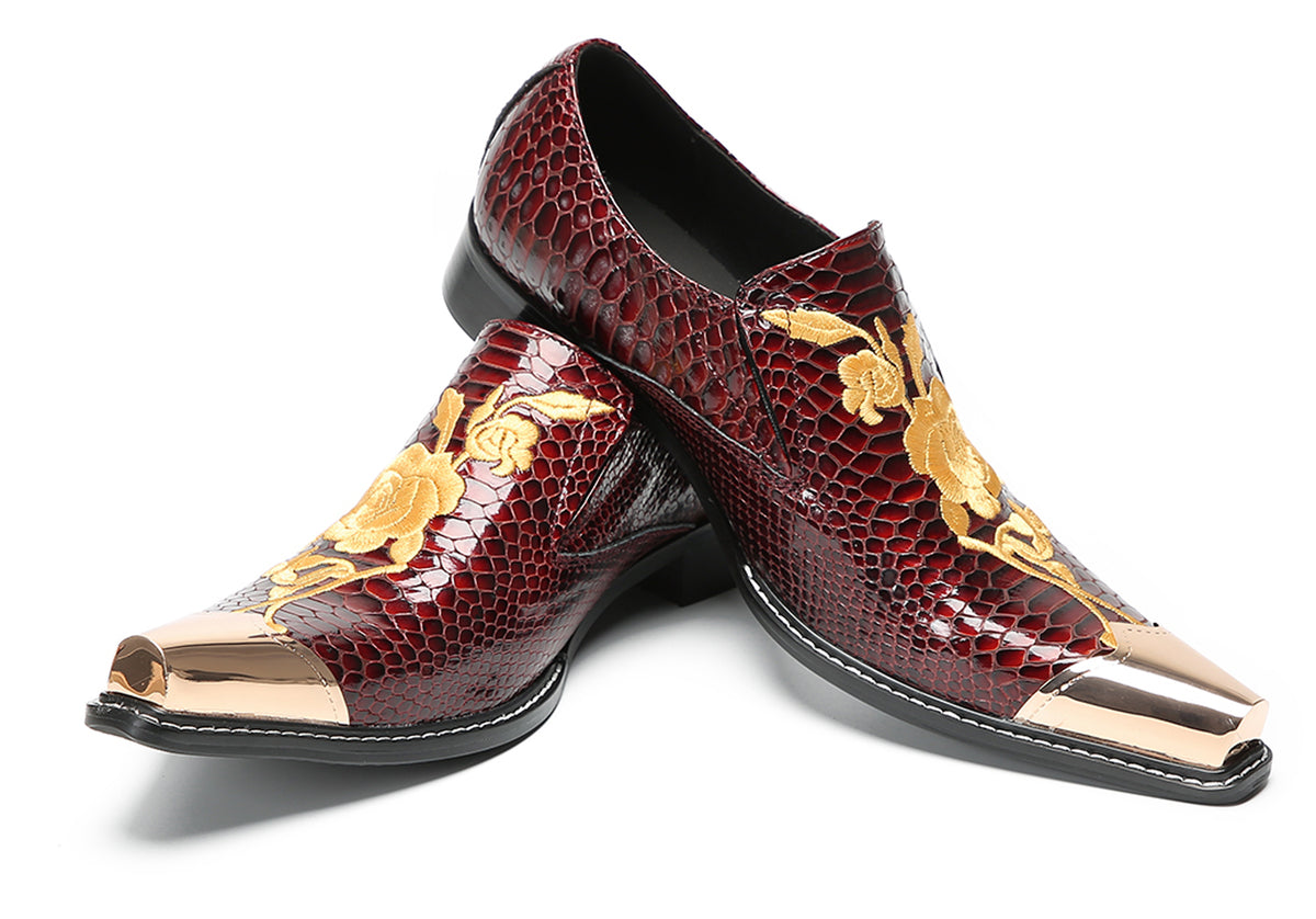 Mens Embroidered Gold Metal Toe Dress Western Loafers