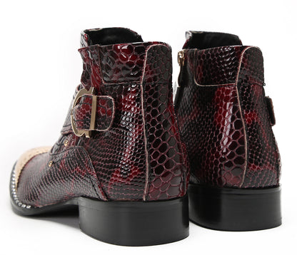 Mens Genuine Leather Metal-Square Toe Snakeskin Texture Ankle Western Boots