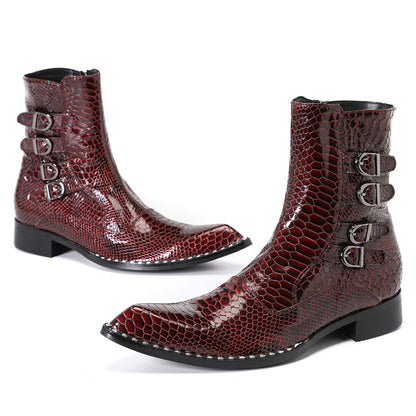 Mens Croc-Embossed Leather Buckle Cowboy Ankle Boots