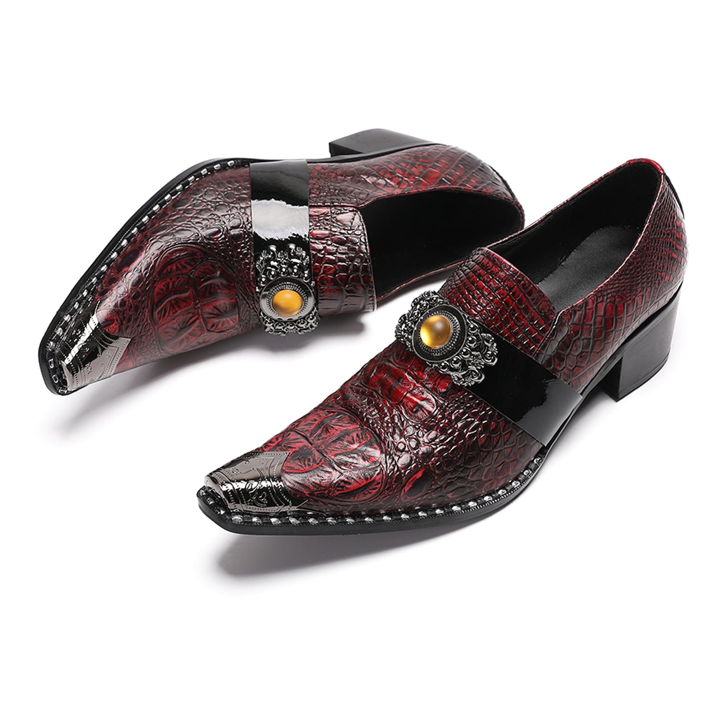Mens Crocodile Embossed Leather Loafers Metal Toe Dress Shoes