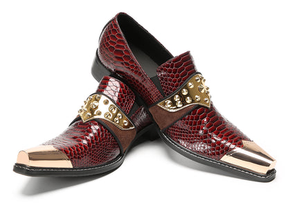 Mens Metal Toe Gold Studded Strap Snakeskin Pattern Western Loafers