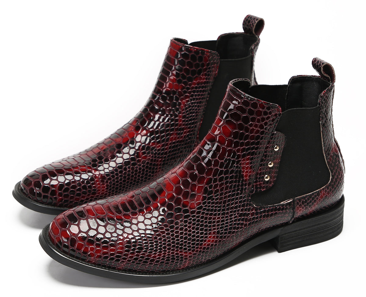 Mens Snakeskin Pattern Genuine Leather Zipper Beads Ankles Boots