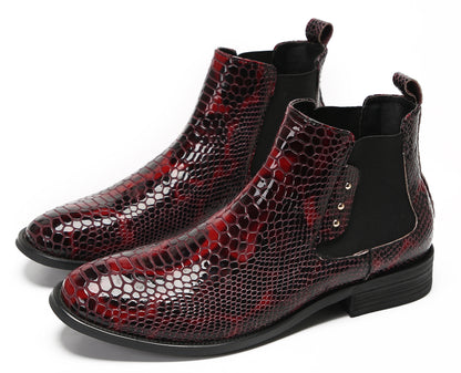 Mens Snakeskin Pattern Genuine Leather Zipper Beads Ankles Boots