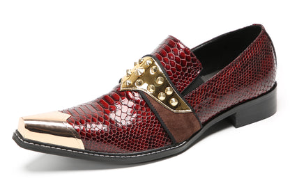 Mens Metal Toe Gold Studded Strap Snakeskin Pattern Western Loafers