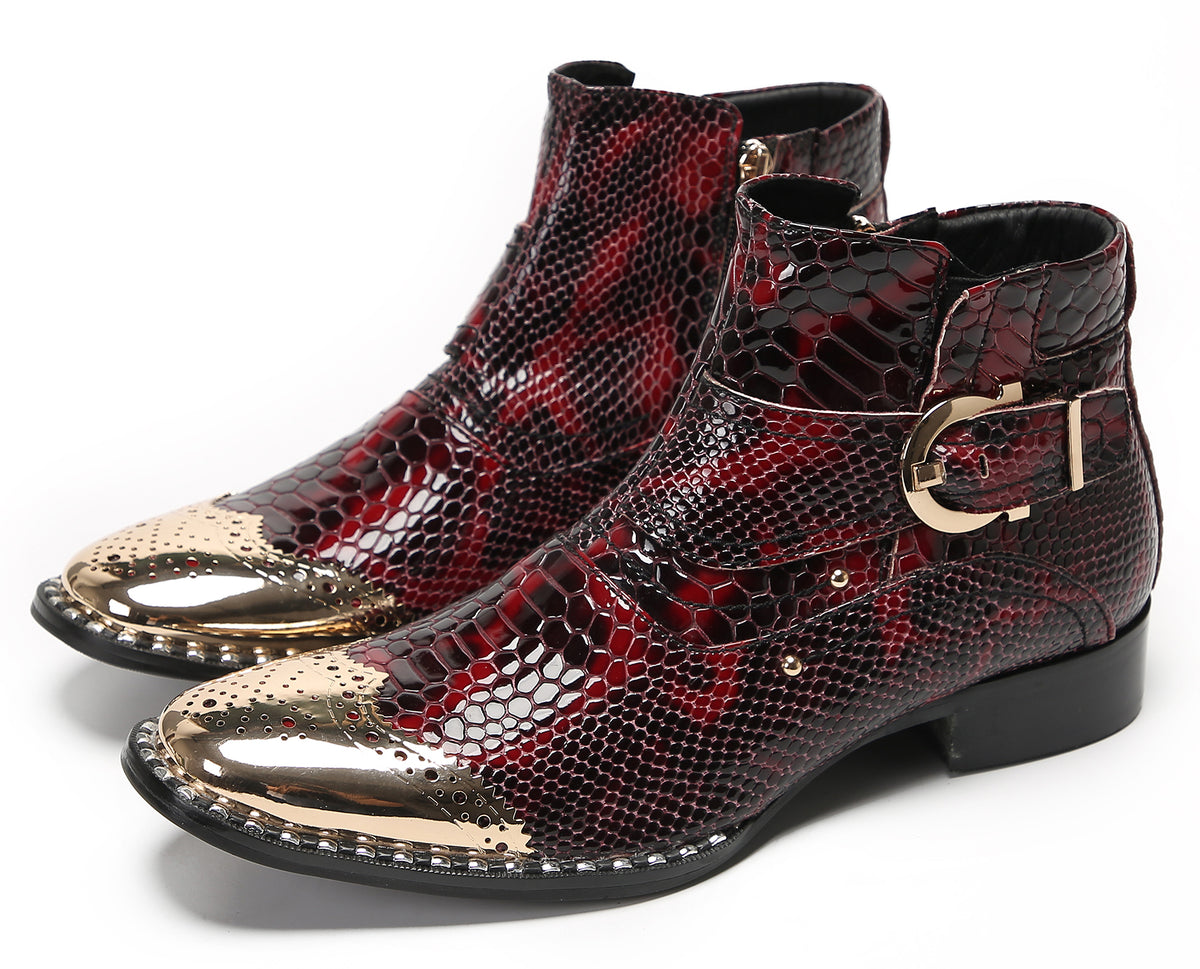 Mens Genuine Leather Metal-Square Toe Snakeskin Texture Ankle Western Boots